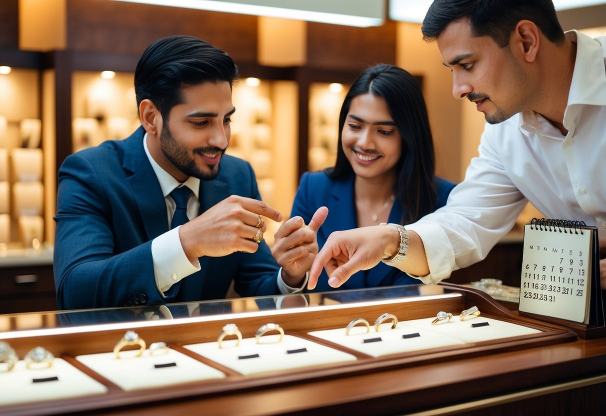 A couple sits at a jeweler's counter, examining various wedding bands under the warm glow of the store's lights. The sales associate points to a calendar, indicating a date for the final purchase