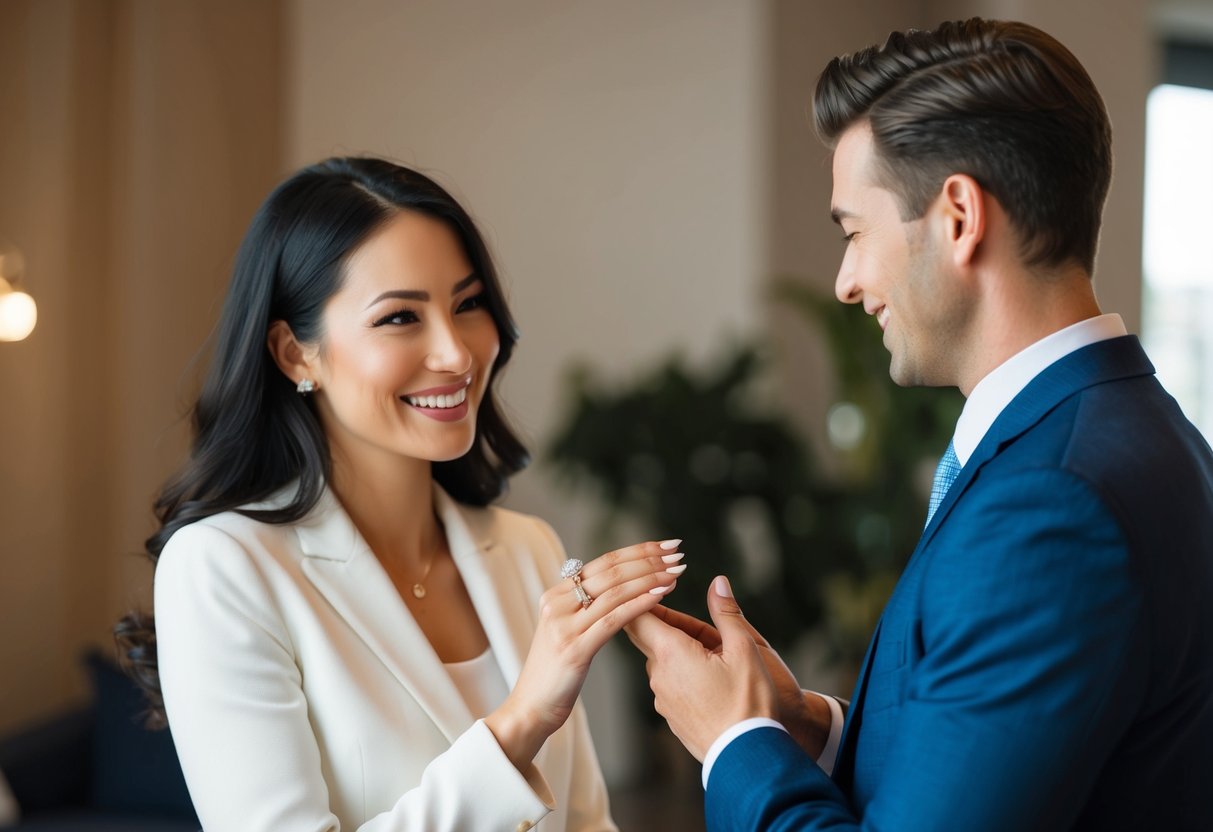 A woman presents a ring to her partner, who accepts with a smile