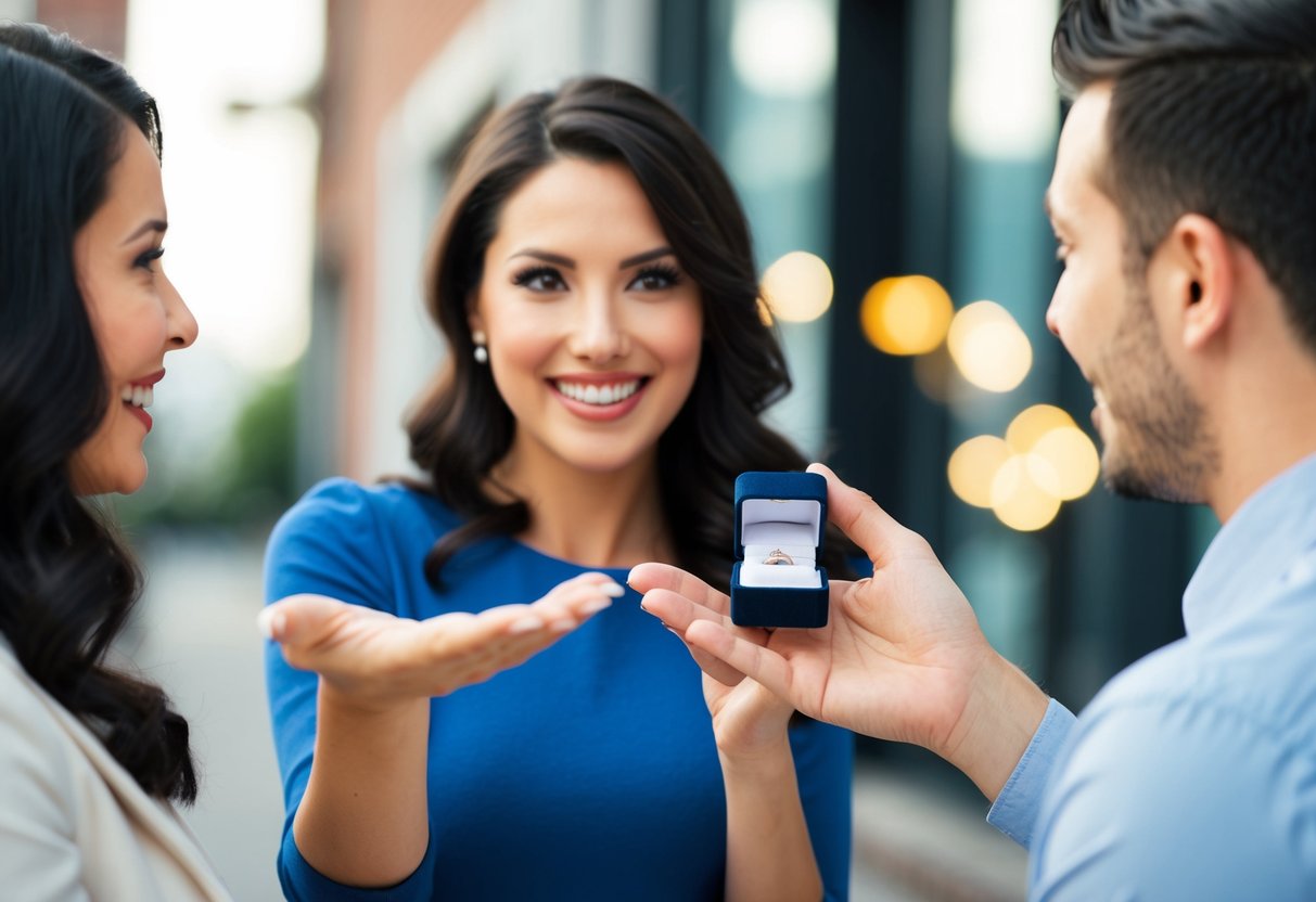 A woman's hand holding out a ring box towards a man, who looks surprised but happy. The woman is smiling confidently