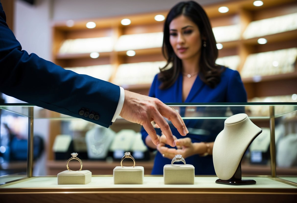 A man's hand reaches for a wedding ring on display in a jewelry store, while a woman stands nearby, examining the selection