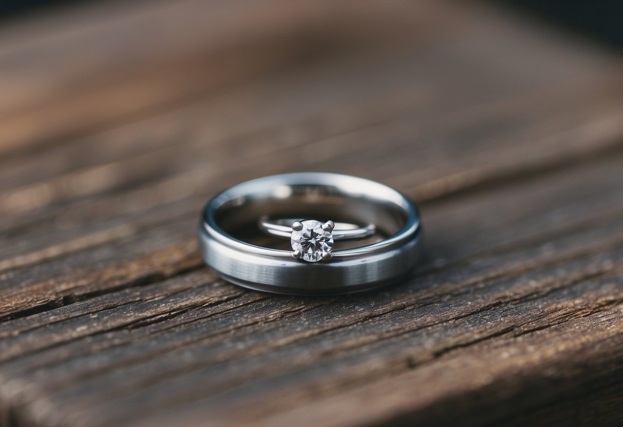 A small, simple wedding ring on a rustic wooden surface