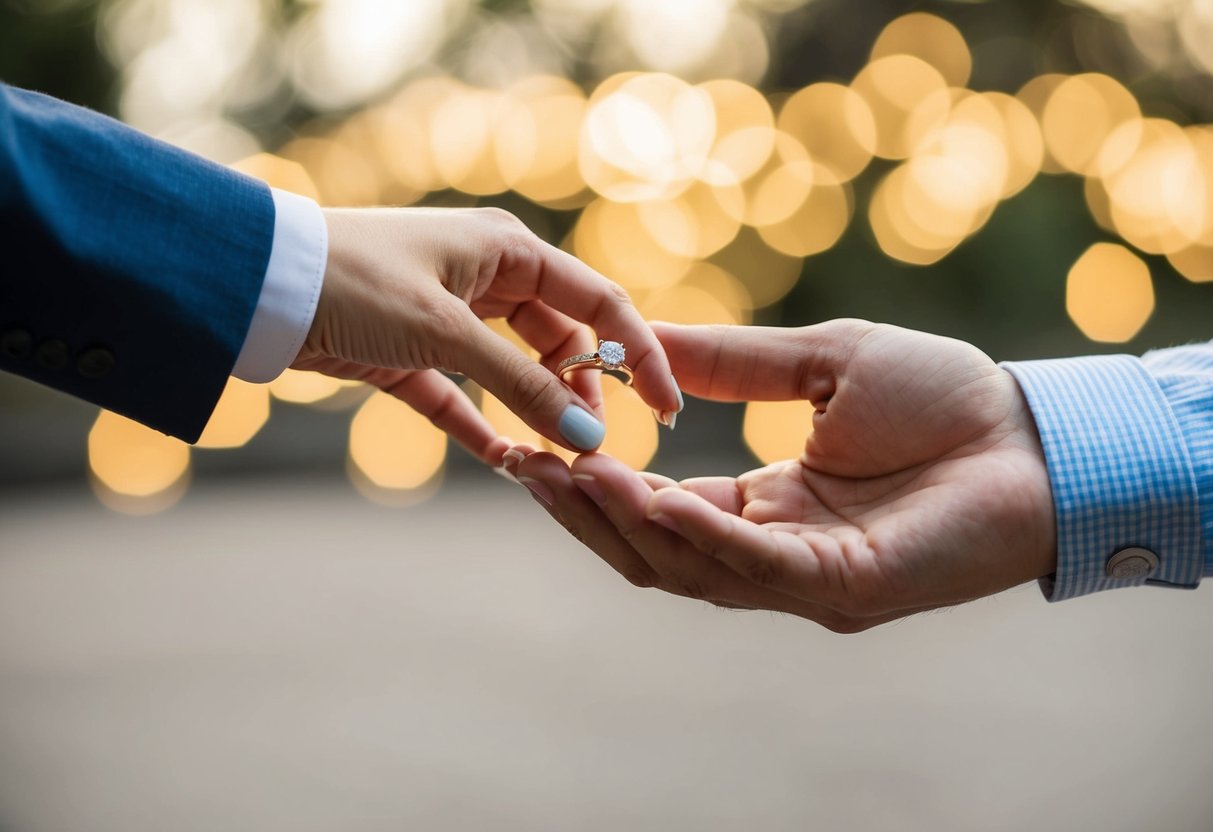 A woman's hand offers a ring to a man's hand, both reaching towards each other in a gesture of proposal and decision-making