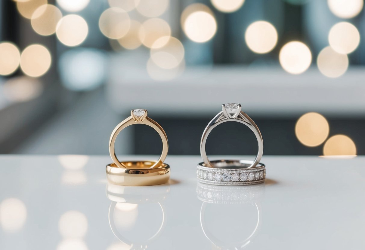 Two wedding rings side by side, one simple and inexpensive, the other more ornate and expensive, placed on a clean, white surface for comparison