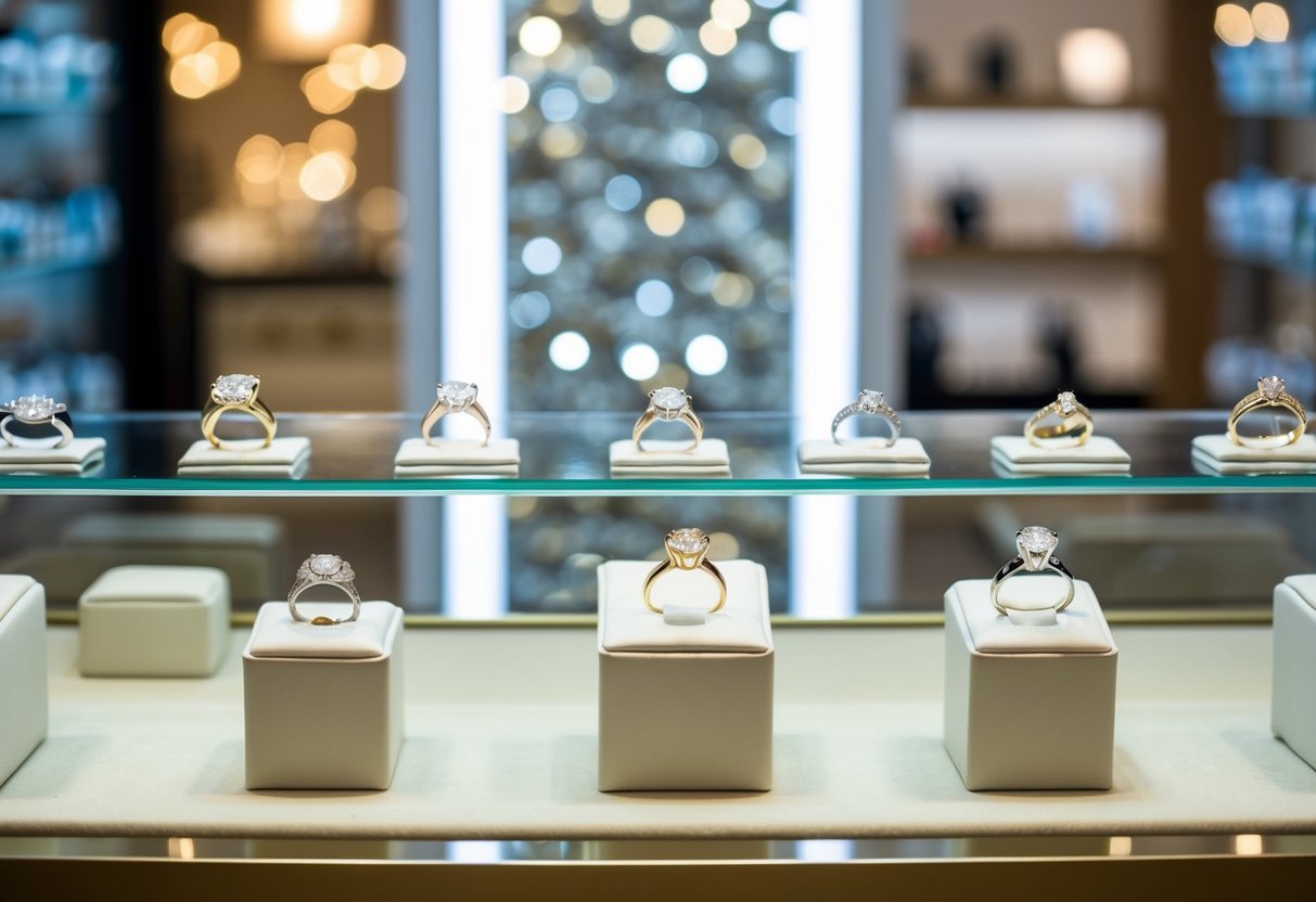 A jewelry display showcasing a variety of affordable wedding rings in a well-lit store setting
