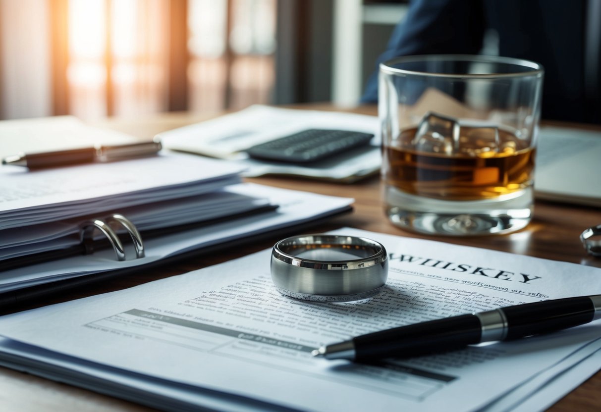 A wedding ring sits abandoned on a cluttered desk, surrounded by legal documents and a half-empty glass of whiskey