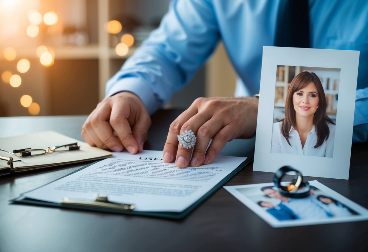 A man places his wedding ring on a table next to a legal document and a photo of his ex-wife