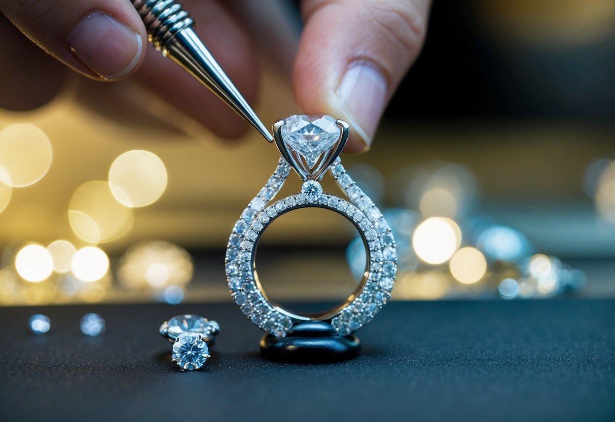 A jeweler carefully selects and sets a sparkling diamond into an intricate engagement ring, surrounded by smaller, glistening gemstones
