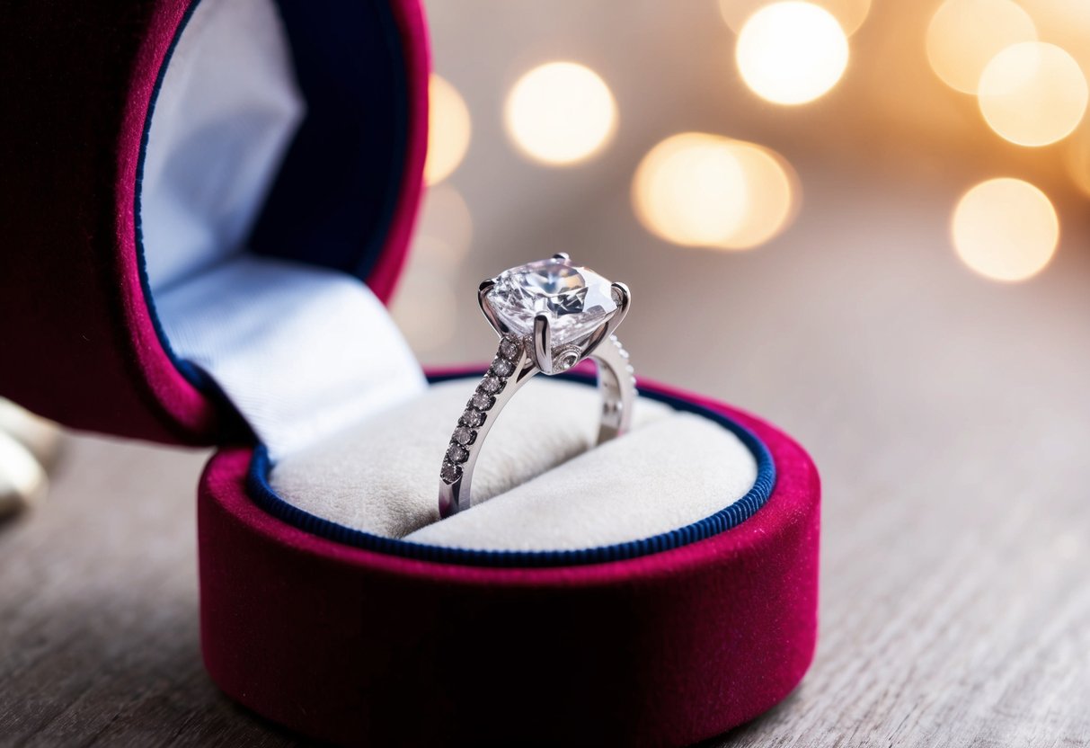 A sparkling diamond ring resting on a velvet-lined jewelry box