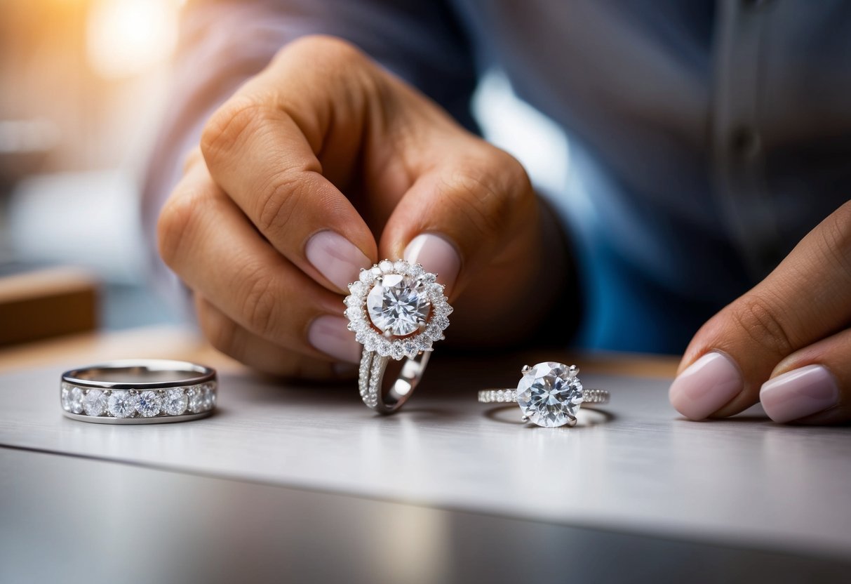 A jeweler carefully crafting an intricate engagement ring with sparkling diamonds, while a simpler wedding ring sits nearby
