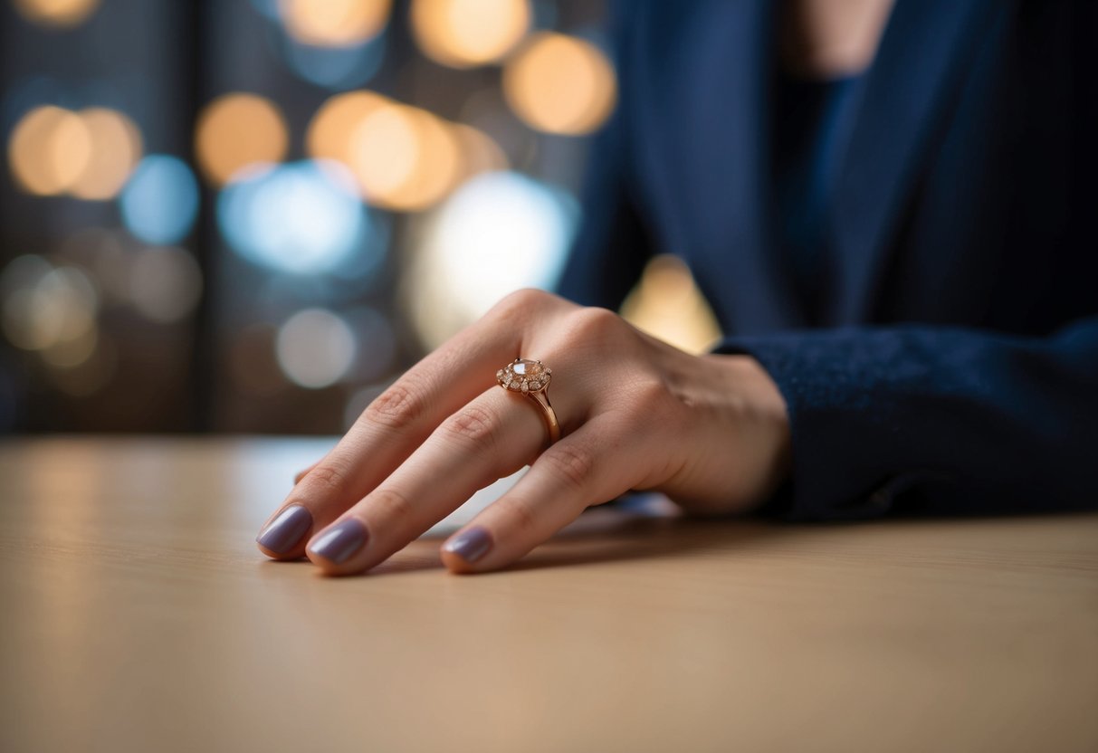 A female's hand rests on a table, a glint of gold visible on her left ring finger