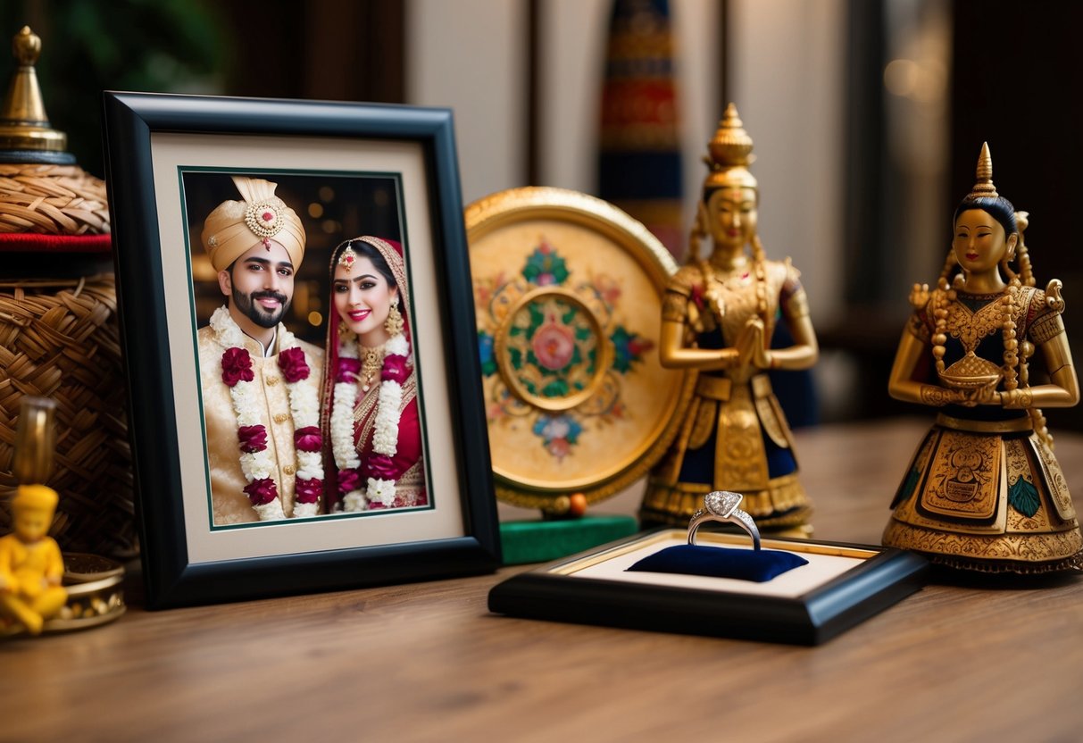 A wedding ring lies on a table next to a framed portrait of a bride and groom, surrounded by traditional cultural symbols and artifacts