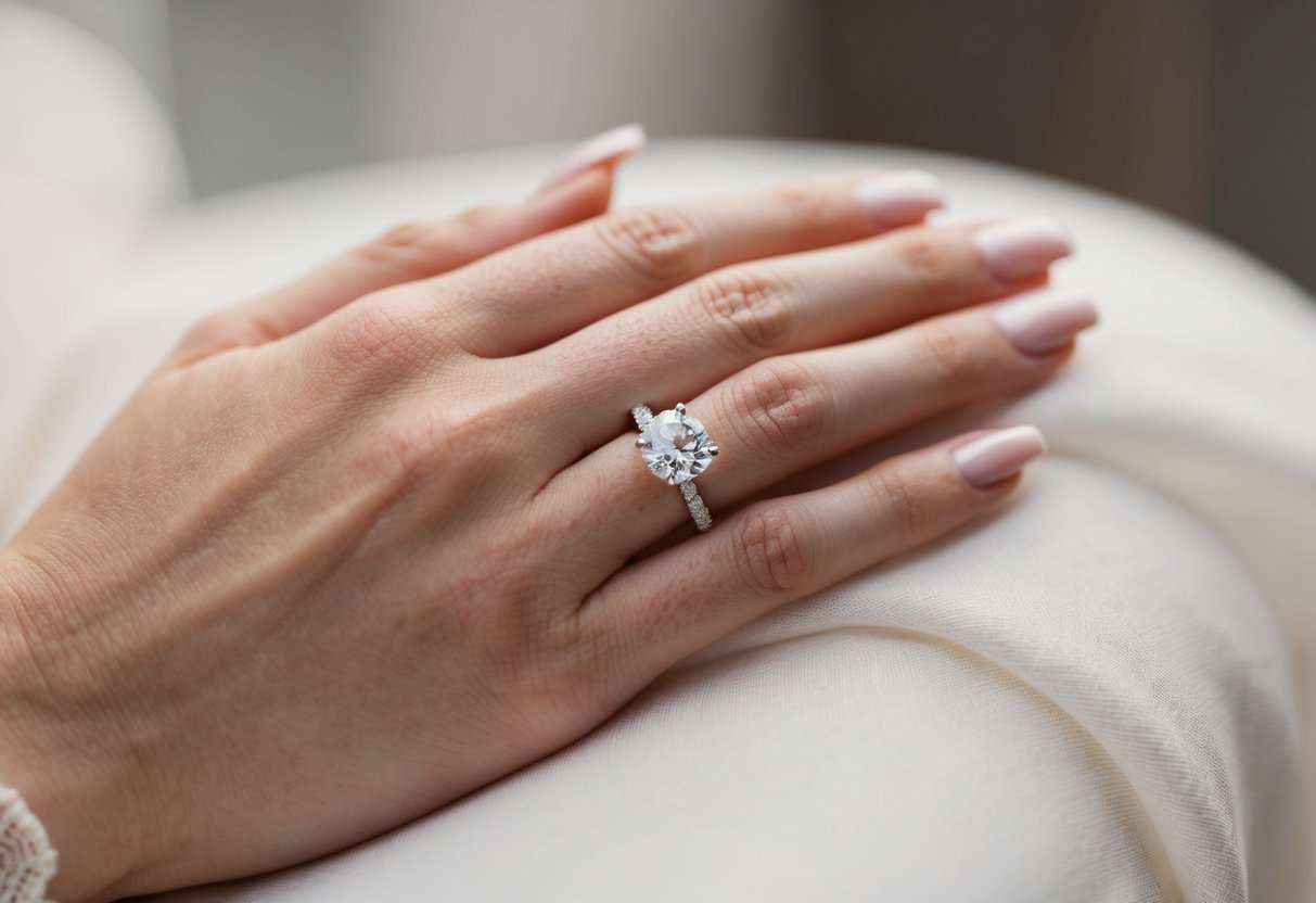 A close-up of a delicate, elegant hand with a sparkling wedding ring on the appropriate finger