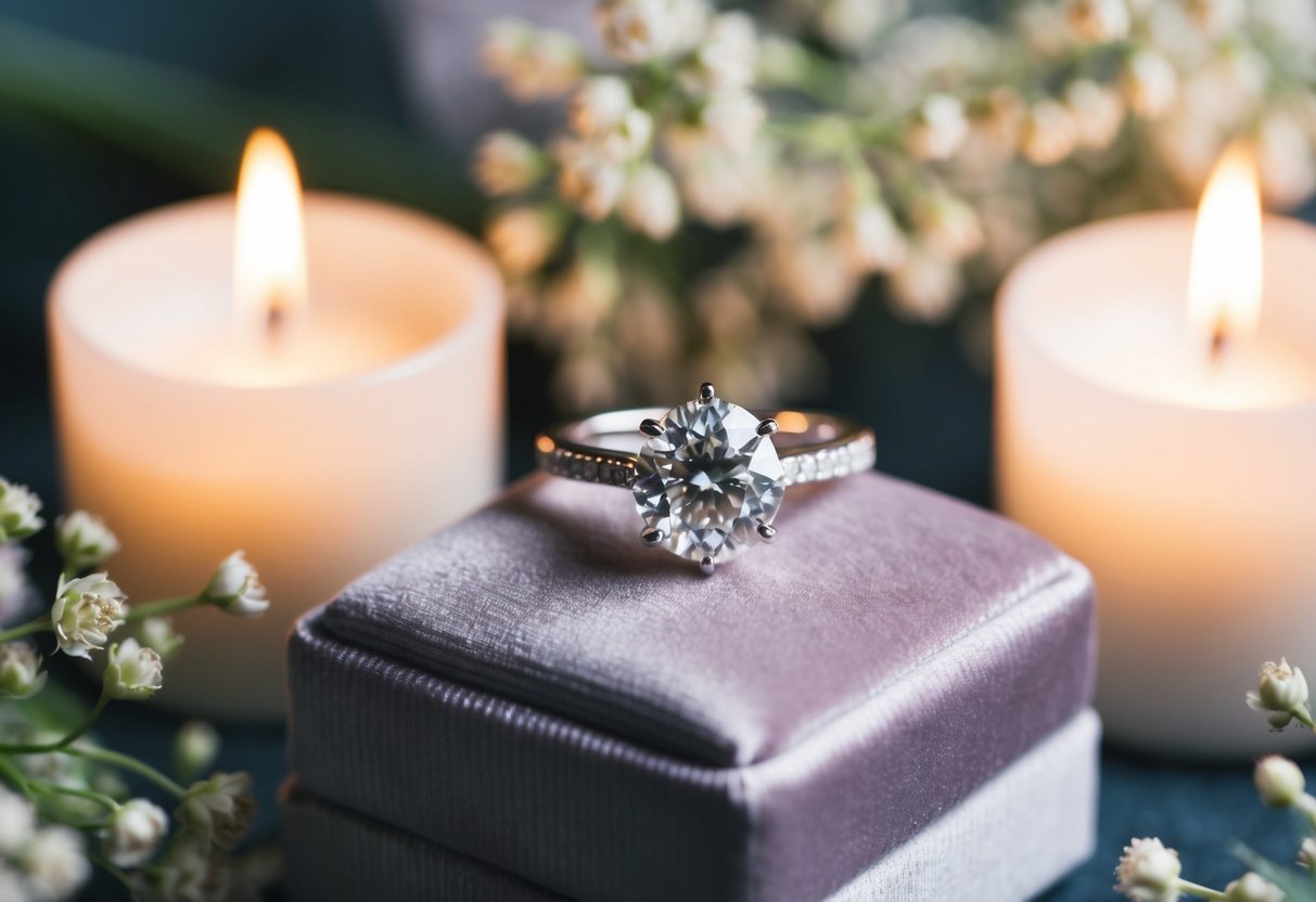 A sparkling engagement ring sits atop a velvet cushion, surrounded by soft candlelight and delicate flowers