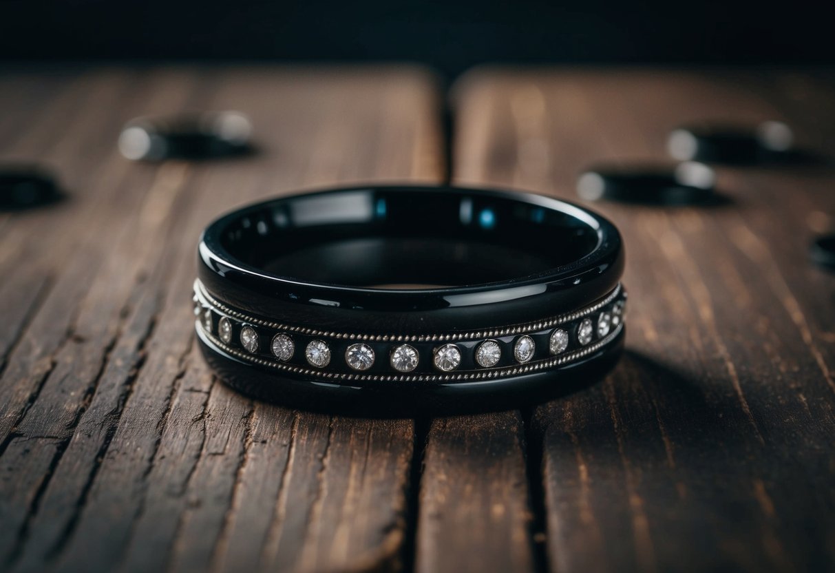 A black wedding band sits on a rustic wooden table, surrounded by dark, moody lighting