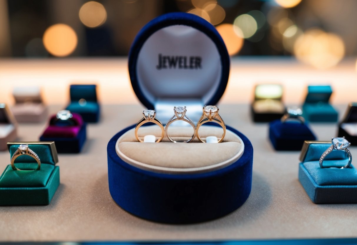 A jeweler presenting a variety of engagement rings on a velvet display, with soft lighting and a romantic ambiance