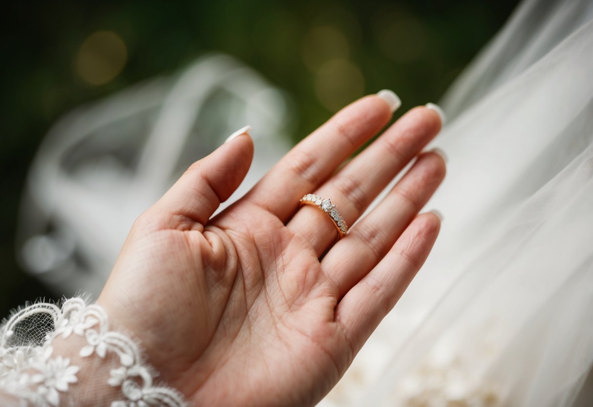 A bride's hand holding a delicate gold wedding band