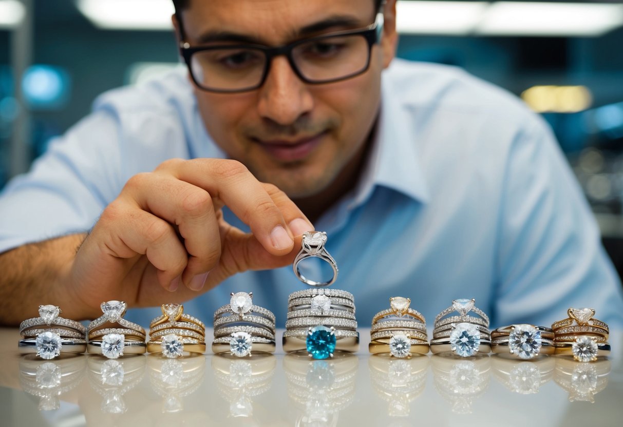 A jeweler carefully inspects a sparkling array of engagement rings, each one more dazzling than the last