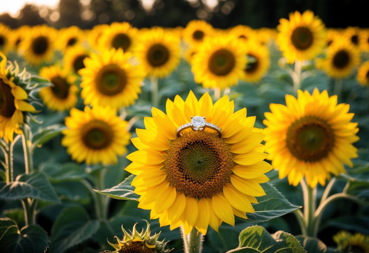 A yellow wedding ring rests on a bed of sunflowers, surrounded by golden light