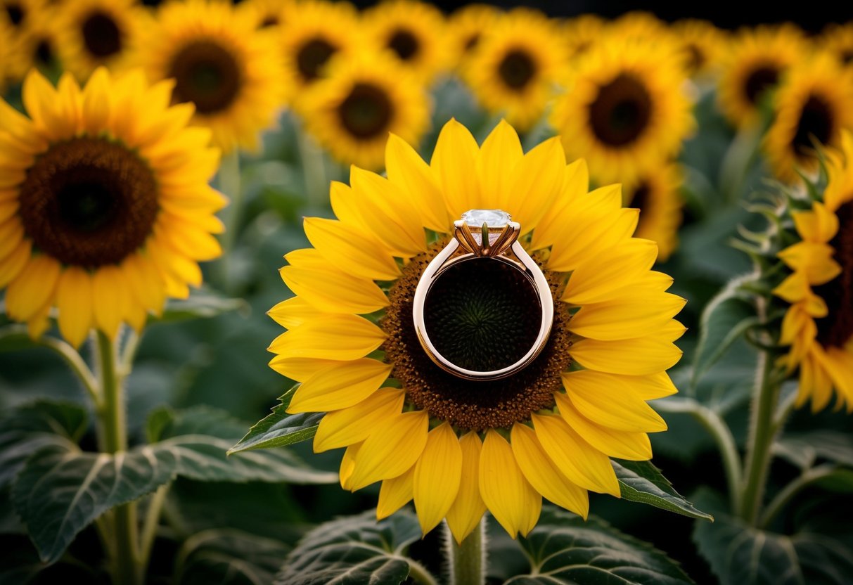 A golden wedding ring rests on a bed of sunflowers, symbolizing joy and optimism in marriage