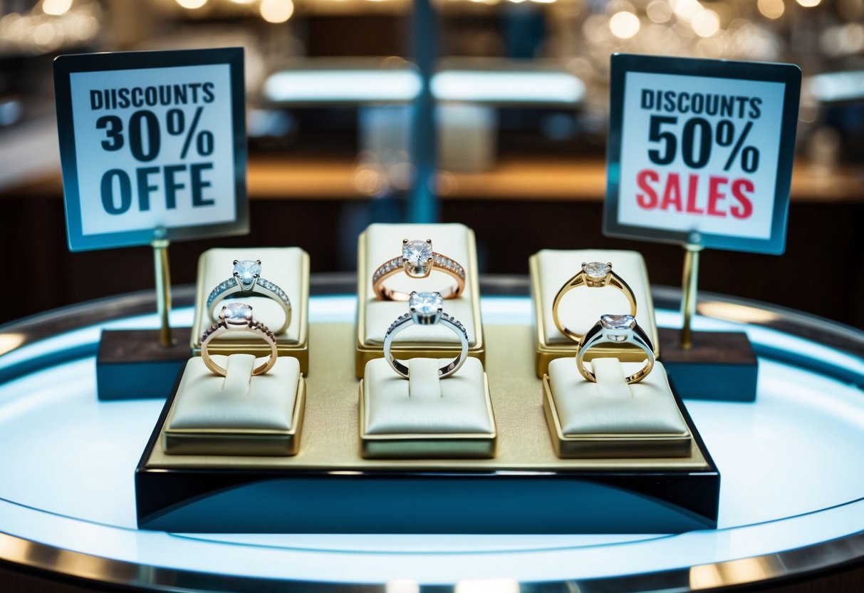 A jeweler's display with engagement rings, surrounded by signs advertising discounts and sales