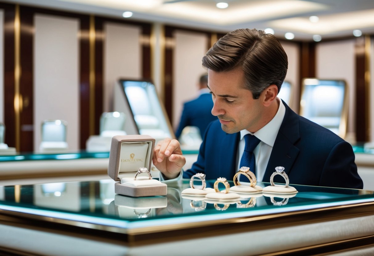 A man carefully examines a display of gleaming wedding rings in a jewelry store, surrounded by elegant velvet-lined cases and polished glass countertops