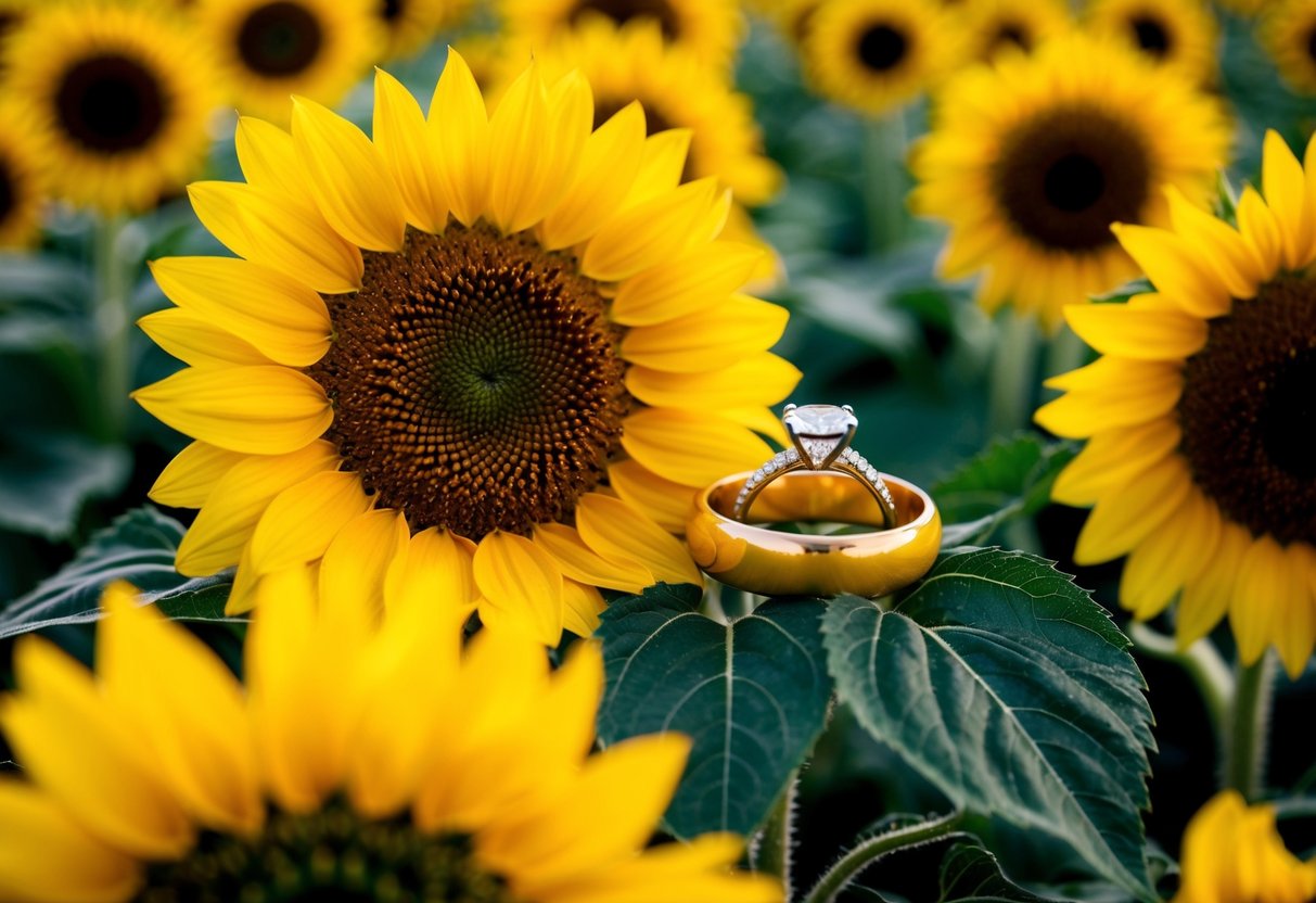 A yellow wedding ring rests on a bed of sunflowers, symbolizing joy and happiness