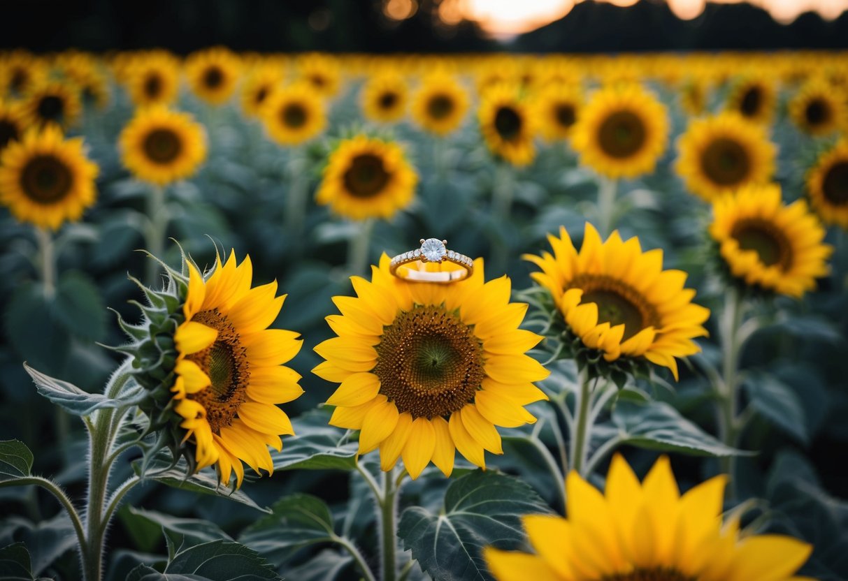 A yellow wedding ring placed on a bed of sunflowers