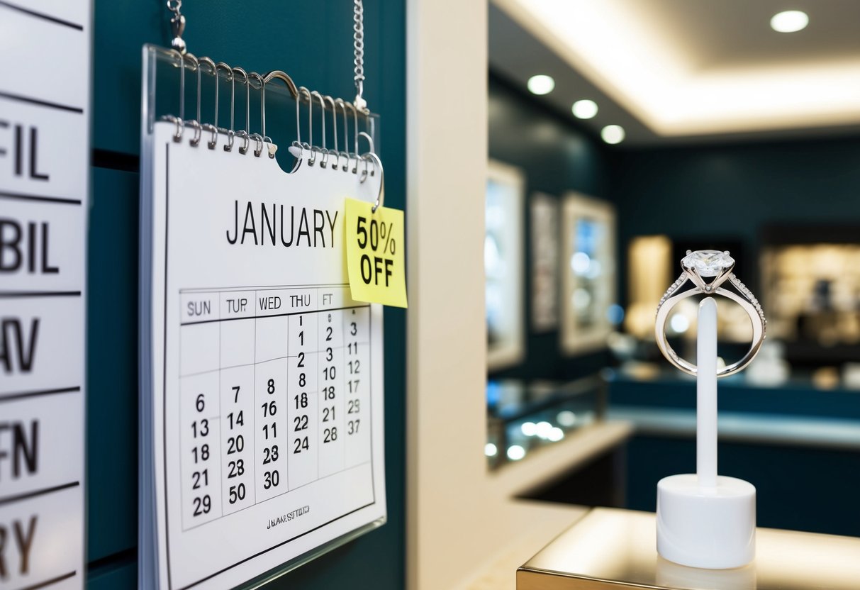 A jewelry store with a calendar on the wall, highlighting the month of January. A price tag on an engagement ring reads "50% off."