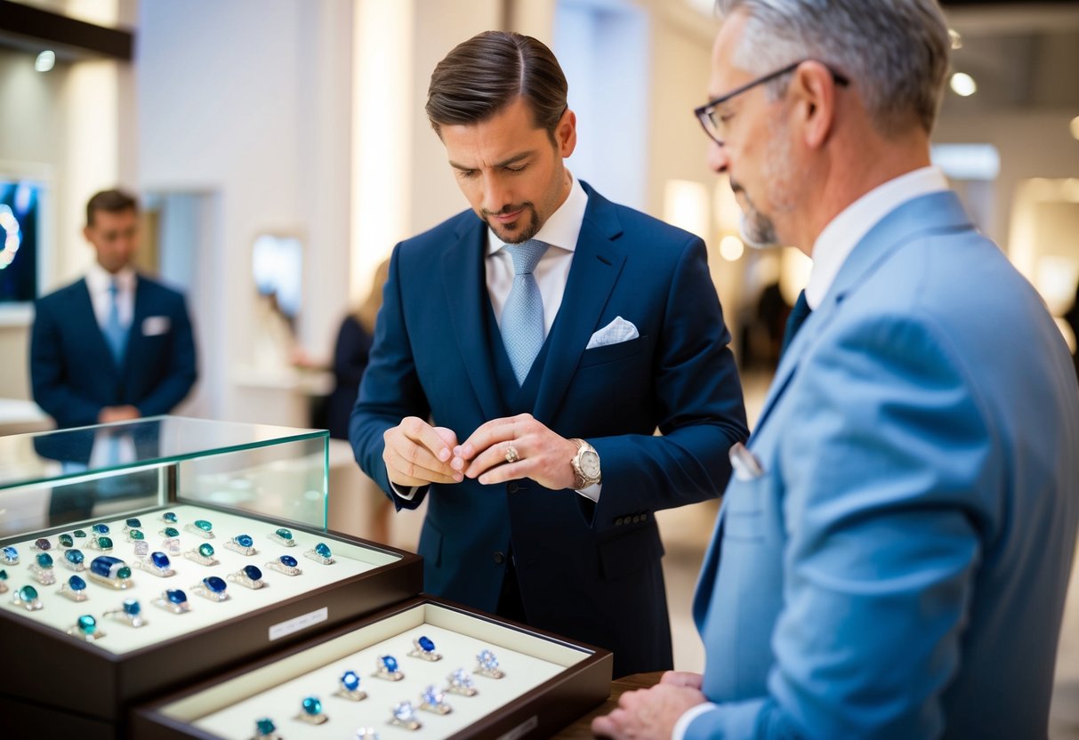 A man carefully examines a display of sparkling gemstones, pondering the perfect choice for a wedding ring. The jeweler stands by, ready to offer guidance