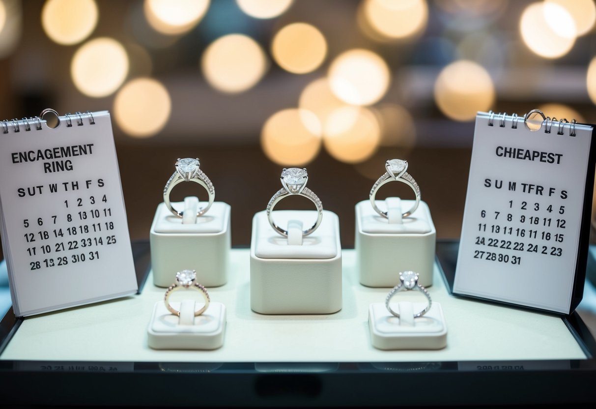 A jewelry store display with engagement rings, surrounded by price tags and a calendar showing the cheapest month to buy
