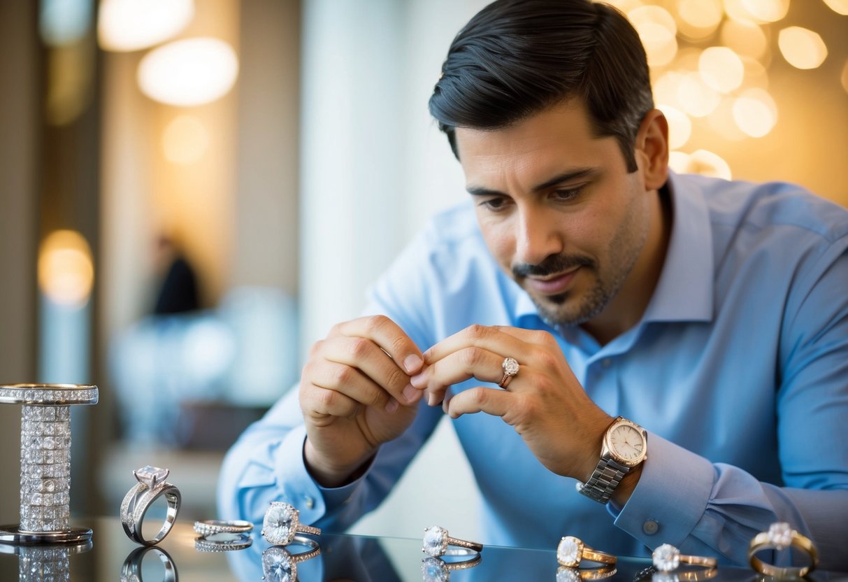A man carefully examines a selection of wedding rings, surrounded by sparkling gemstones and polished metal bands. His focused expression suggests the weight of the decision