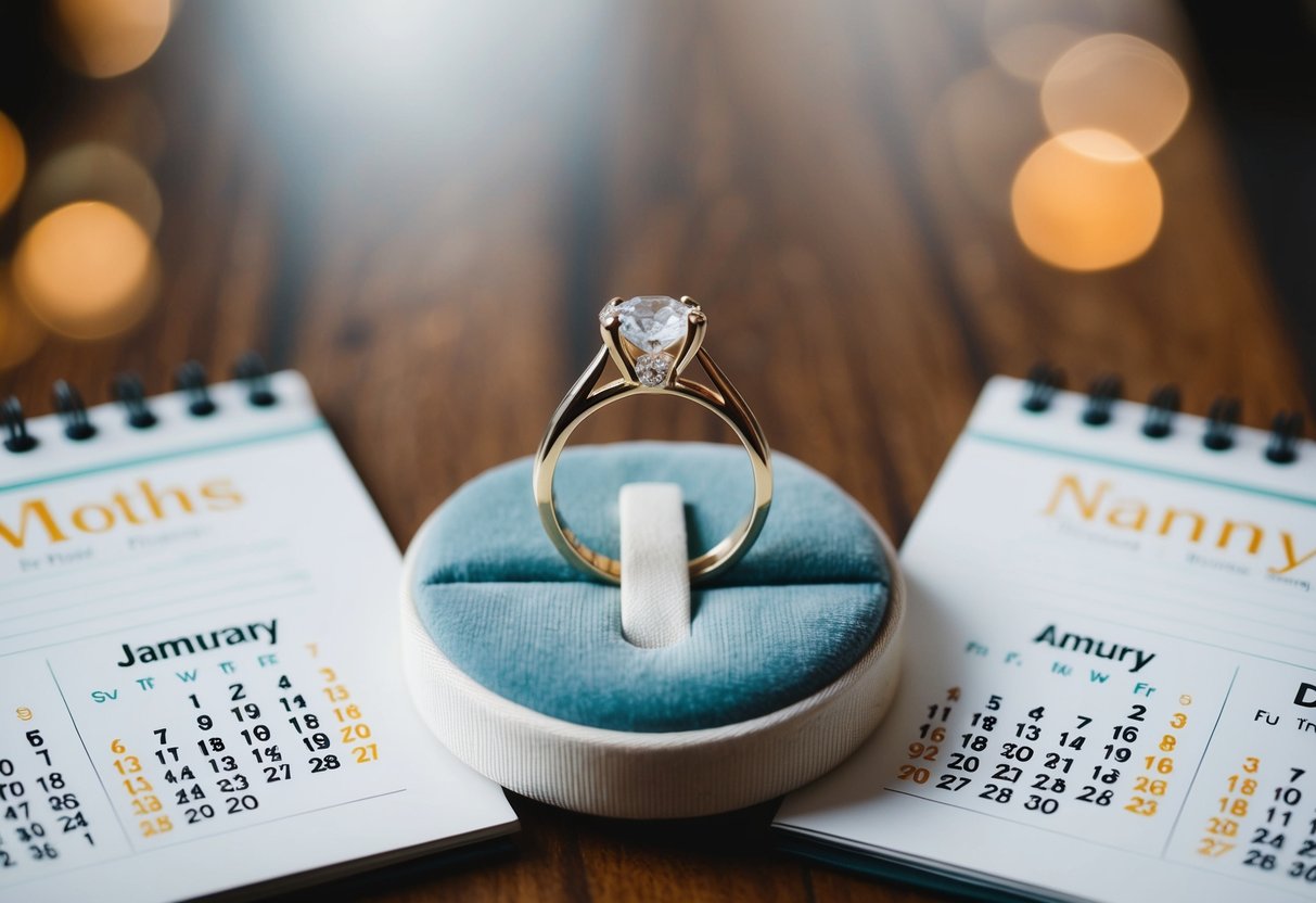 A ring displayed on a velvet cushion, surrounded by two calendar pages showing two months apart