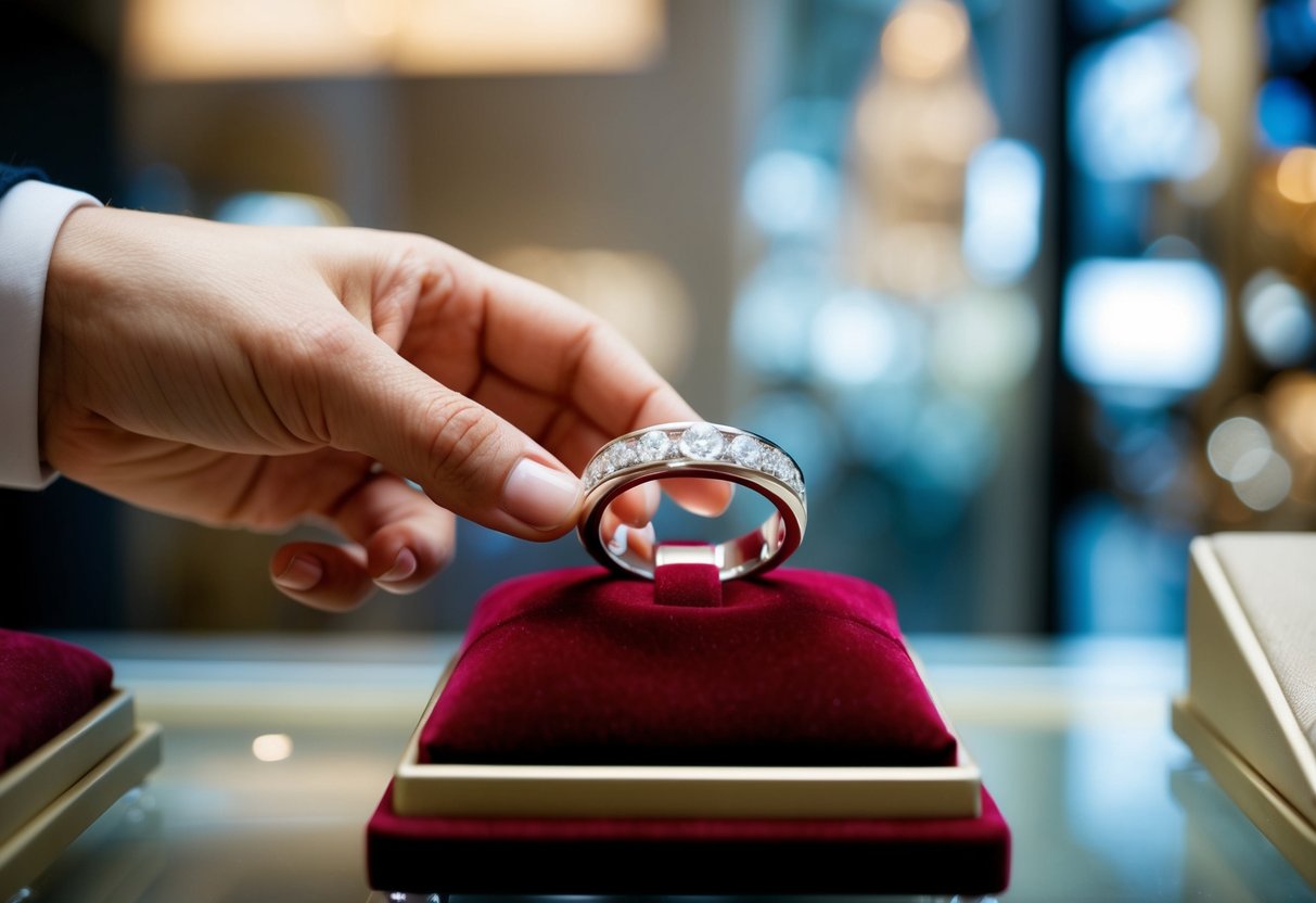 A hand reaching for a shiny wedding band displayed on a velvet cushion in a jewelry store