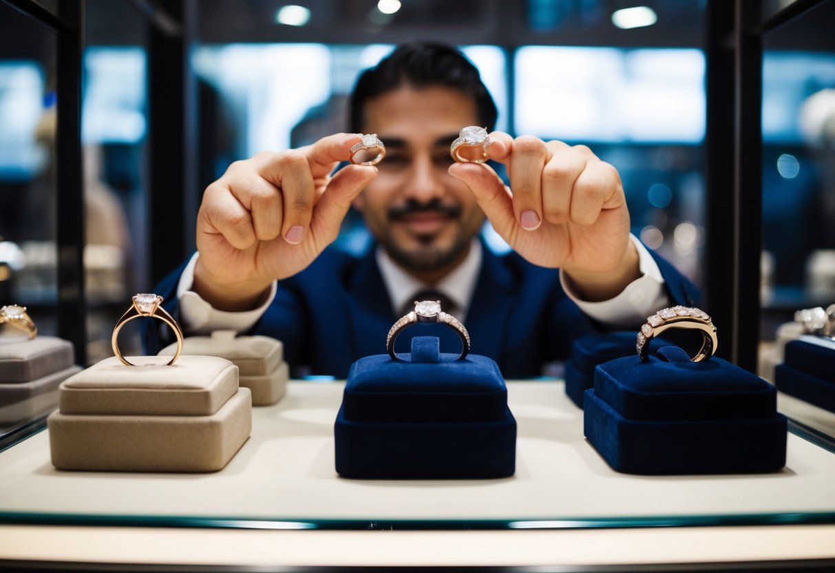 A jeweler presenting a variety of wedding bands in a display case