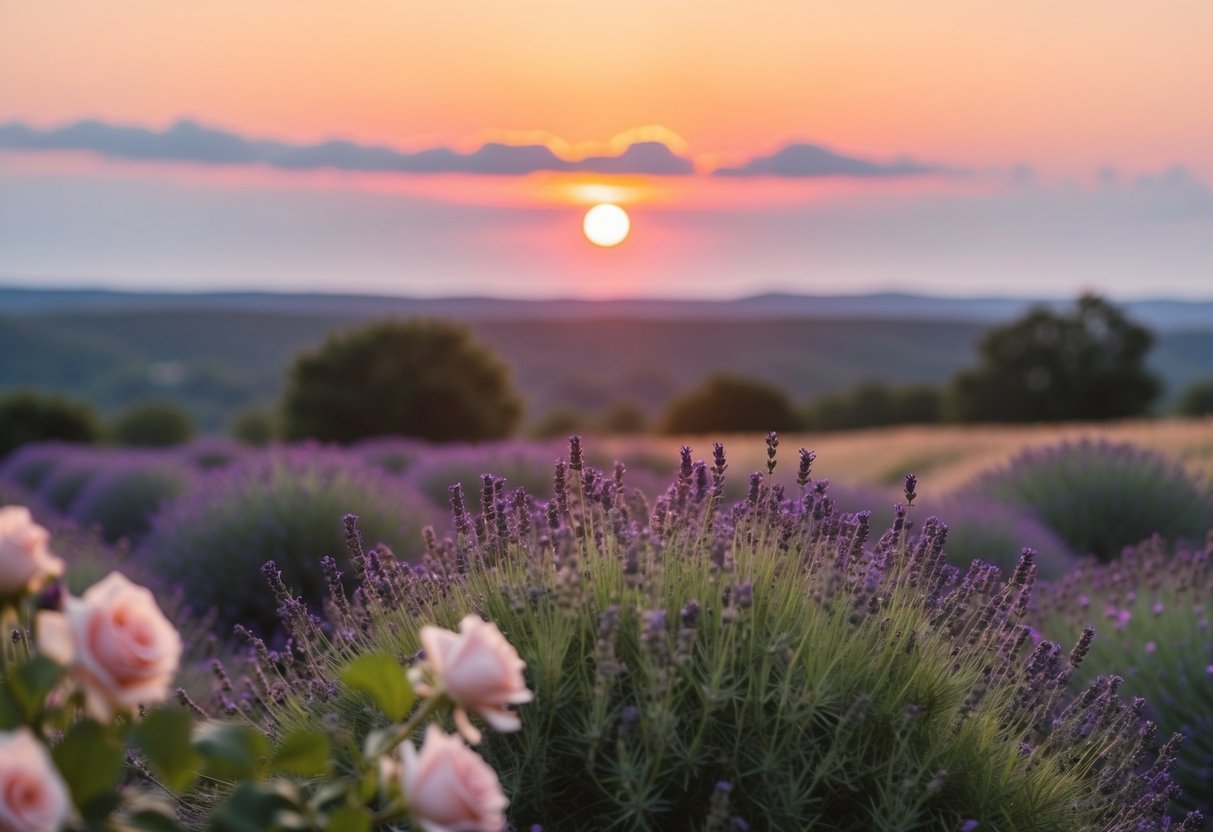 A serene sunset casting a warm, golden glow over a field of lavender and blush roses