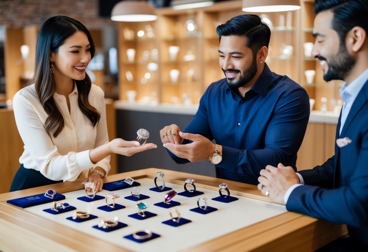 A jeweler presenting a variety of non-traditional engagement rings, including colored gemstones and unique settings, to a couple in a cozy, well-lit showroom