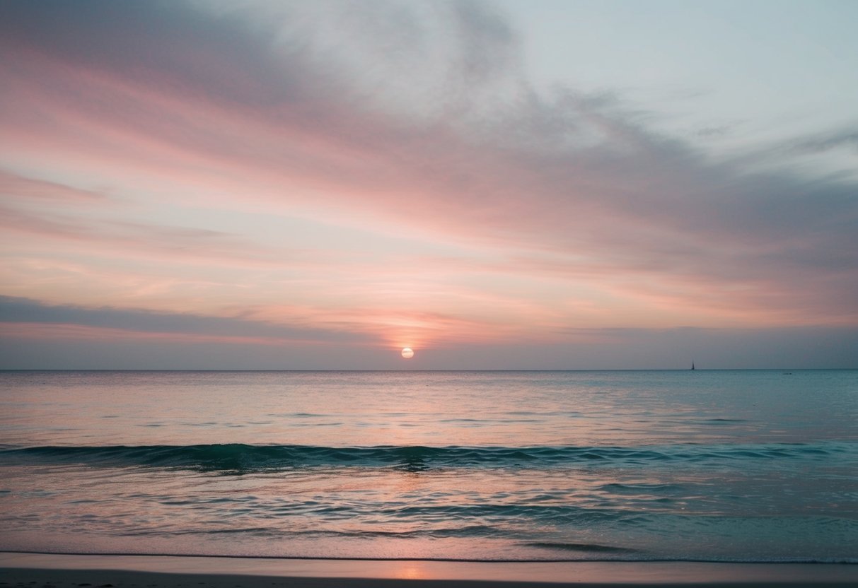 A serene beach at sunset, with soft pink and dusty blue hues blending in the sky, and the shimmering ocean reflecting the warm colors