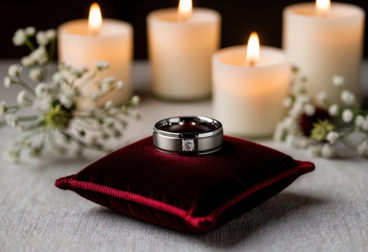 A groom's wedding band resting on a velvet cushion, surrounded by soft candlelight and delicate floral arrangements
