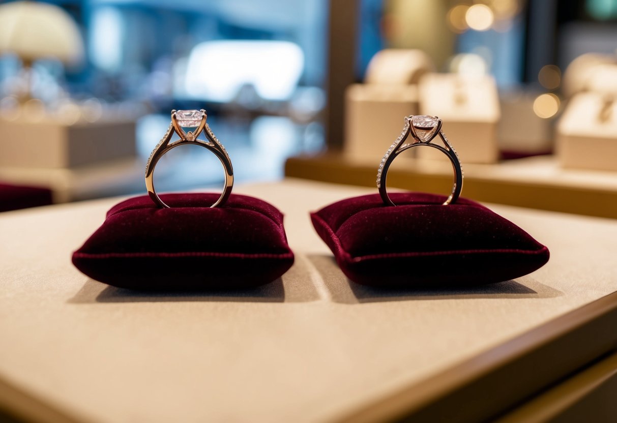 Two wedding rings displayed on a velvet cushion in a jewelry store