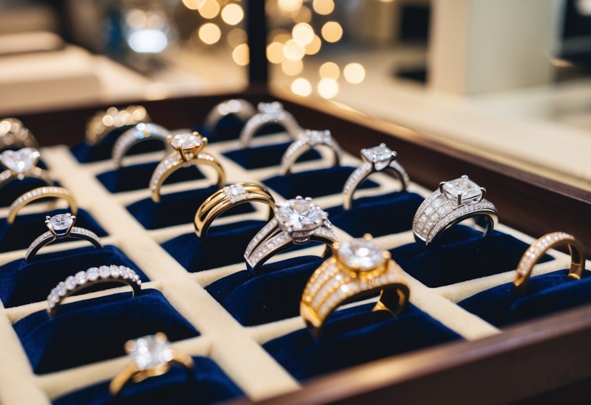 A jewelry store display with various wedding rings in different styles and materials, arranged on velvet cushions under soft lighting