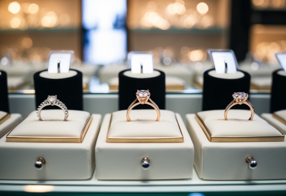 A jewelry store display with various wedding rings in different styles and price points