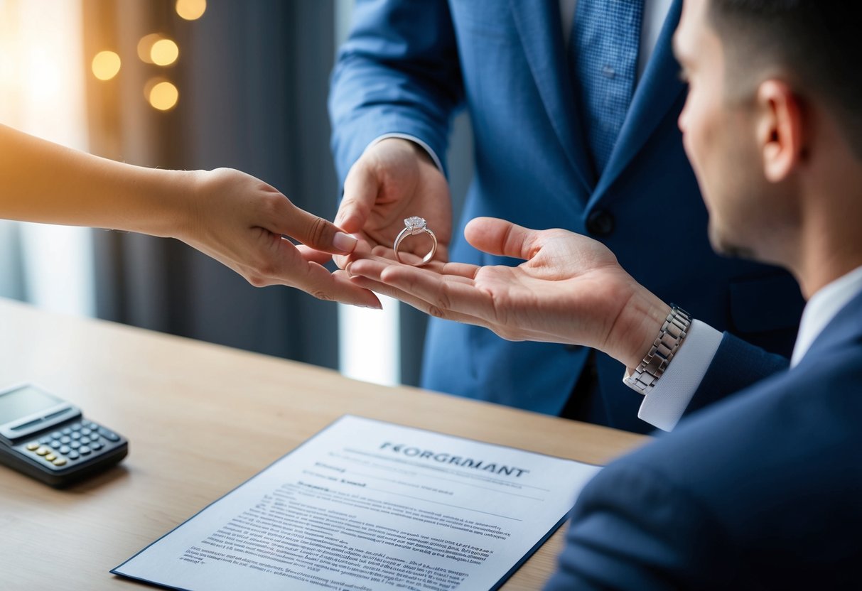 A woman handing an engagement ring to a man, with a legal document in the background