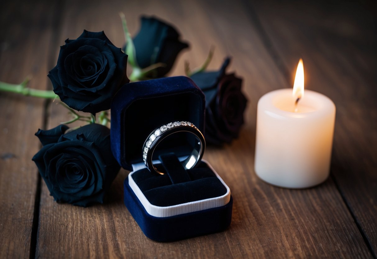 A black wedding band rests on a velvet jewelry box, surrounded by wilted black roses and a dimly lit candle