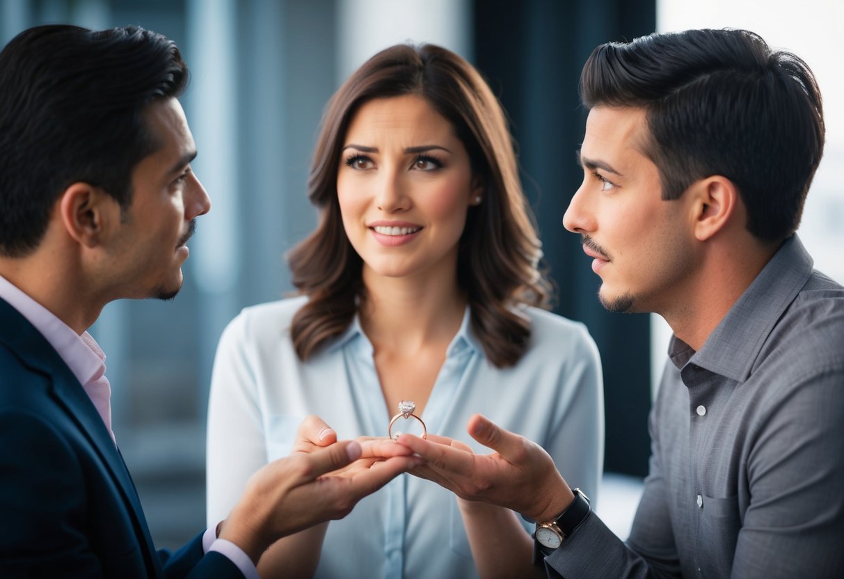 A woman holds out an engagement ring to a man, who looks uncertain. The woman's expression is hopeful, while the man's is hesitant