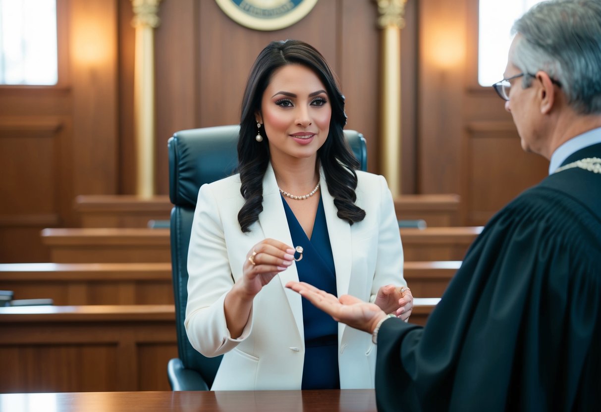 A woman standing in front of a judge, holding out an engagement ring while discussing the legality of returning it in a courtroom setting