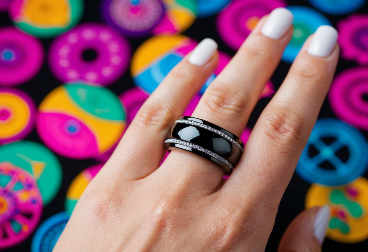 A black wedding band on a woman's finger, surrounded by vibrant, non-traditional symbols of cultural significance
