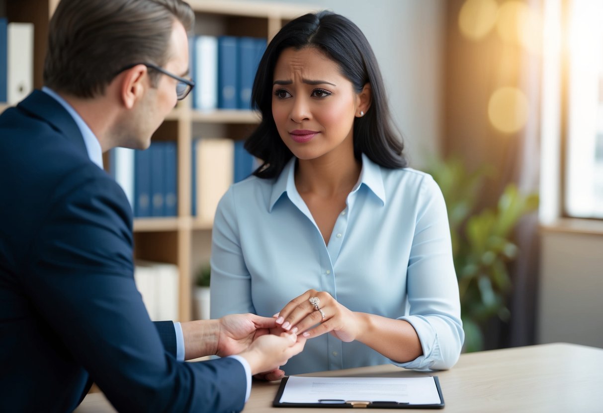A woman handing an engagement ring to a lawyer, with a concerned expression on her face