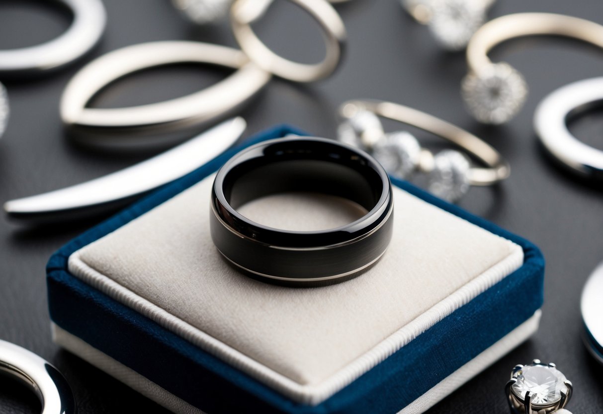 A black wedding band rests on a velvet cushion, surrounded by sleek, modern jewelry