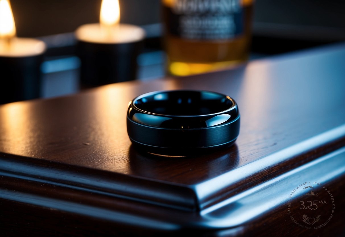A black wedding ring resting on a polished wooden surface, surrounded by dim candlelight and a hint of masculine cologne
