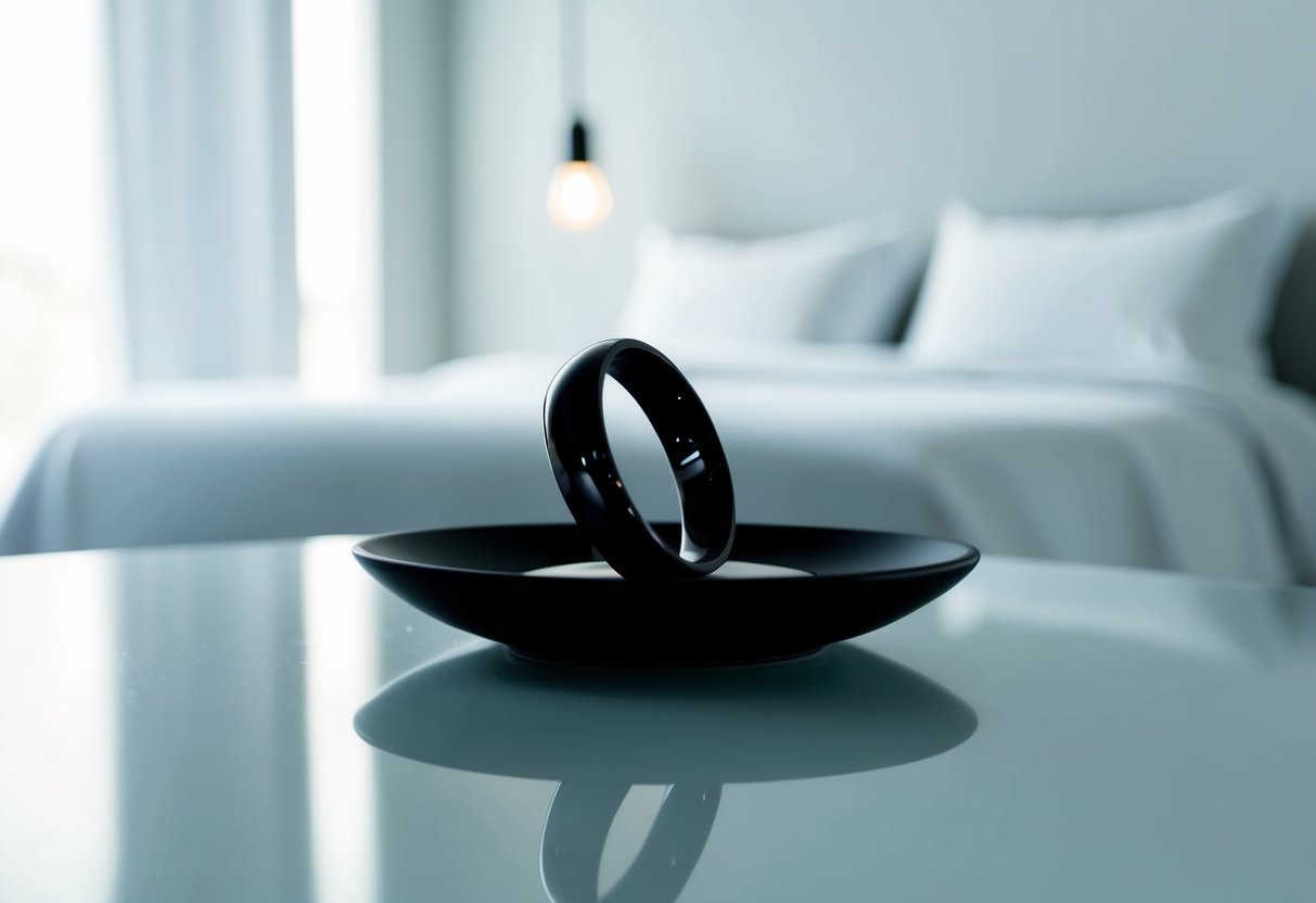 A black wedding band rests on a sleek, modern jewelry dish, casting a subtle reflection in the soft light of a minimalist bedroom